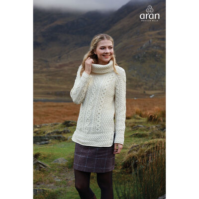 Aran Tunic Sweater With Vented Roll Neck Natural